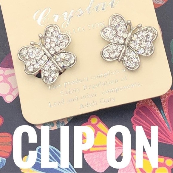 Rhinestone Butterfly Clip On Earrings - Picture 1 of 4